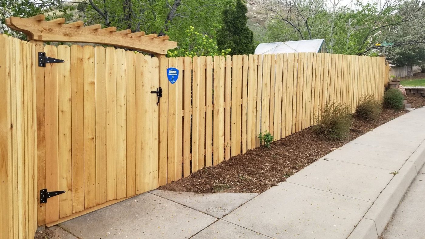 Cedar privacy fence with an arched pergola gate top and black strap hinges in Colorado Springs